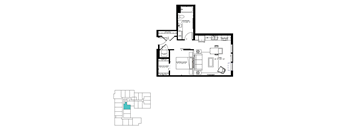 A floor plan of a house with a bathroom, a bedroom, a living room, and a sleeping alcove.