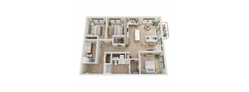 A top-down view of a house layout with multiple rooms and furniture.