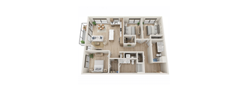 A top-down view of a house layout with a living room, kitchen, and bedrooms.