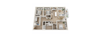 A top-down view of a house layout with multiple rooms and furniture.