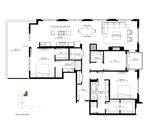 A floor plan of a building with multiple rooms and a key plan inset.