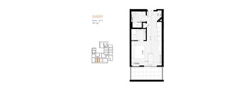 A floor plan and elevation drawing for a studio apartment.