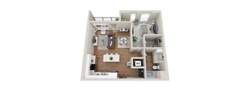 A 3D floor plan of a small apartment with a living room, kitchen, and bathroom.