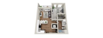 A 3D floor plan of a small apartment with a living room, kitchen, and bathroom.