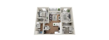 A top-down view of a small apartment layout with a living room, kitchen, and bedroom.