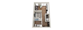 A top-down view of a small apartment with a bedroom, bathroom, and kitchen area.