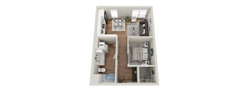 A floor plan of a small apartment with a living room, kitchen, and bedroom.