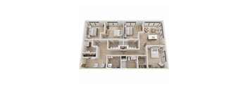 A top-down view of a modern apartment layout with multiple rooms and furniture.