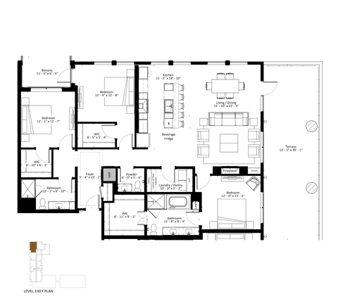 A detailed black and white floor plan of a building with multiple rooms and labeled areas.