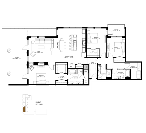 A floor plan of a building with multiple rooms and labeled areas.
