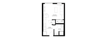 A floor plan of a small apartment with a living room, kitchen, bathroom, and two closets.