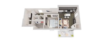 a stylized floor plan with a bedroom and a living room