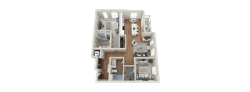 A 3D floor plan of a house showing the layout of the rooms.