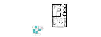 A floor plan of a house with a living room, two bedrooms, and a bathroom.