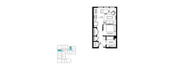 A floor plan of a house with a living room, sleeping alcove, and bathroom.