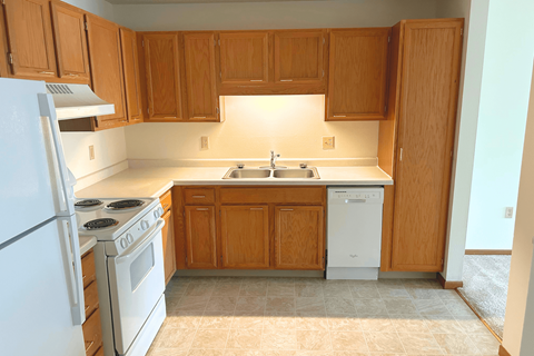 A kitchen with wooden cabinets and a white dishwasher.