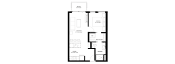 A black and white image of a floor plan for a balcony, bedroom, living room, kitchen, and bathroom.