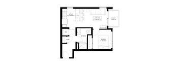 A black and white image of a floor plan for a small apartment.