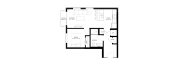 A black and white image of a floor plan for a home with a balcony, living room, kitchen, bedroom, and bathroom.