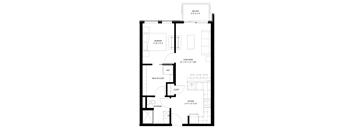 A black and white floor plan of a house with a balcony, bedroom, living room, walk-in closet, closet, kitchen, and bathroom.
