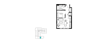 A floor plan of a house with a bathroom, a sleeping alcove, and a lining area.