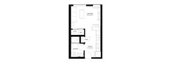 A black and white image of a floor plan for a small apartment.