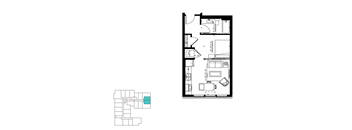 A floor plan of a house with a kitchen, living room, and bathrooms.