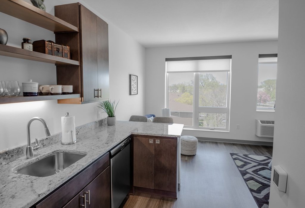 A modern kitchen with dark wood cabinets and a marble countertop.