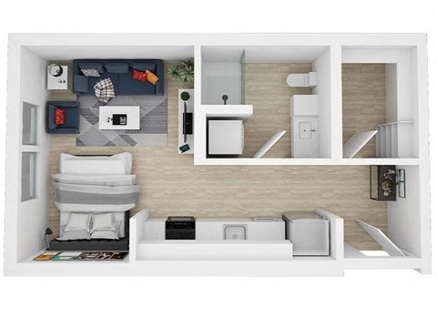 A top-down view of a small, neatly organized living space with a kitchen area.