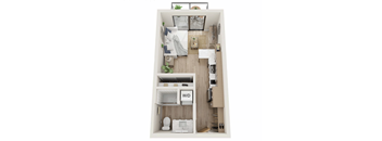 A top-down view of a small apartment with a kitchen, living room, and bathroom.