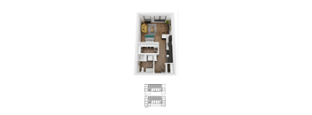 A top-down view of a small apartment with a detailed floor plan below.