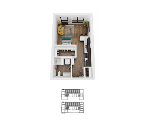 A top-down view of a small apartment with a detailed floor plan below.