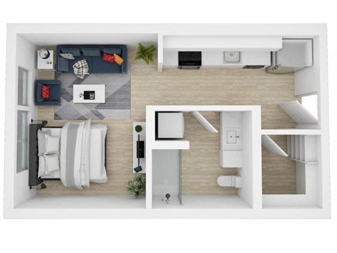 A top-down view of a modern bedroom with a bed, nightstand, and a desk with a chair.
