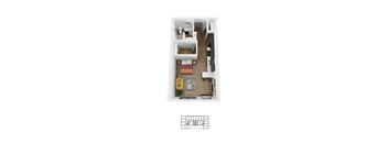 A floor plan of a small apartment with a kitchen, living room, and bedroom.