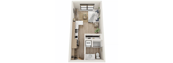 A small apartment with a bedroom and bathroom.