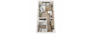 A top-down view of a small apartment with a bedroom, bathroom, and kitchen area.