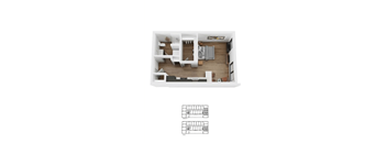 A floor plan of a small apartment with a kitchen, living room, and two bedrooms.