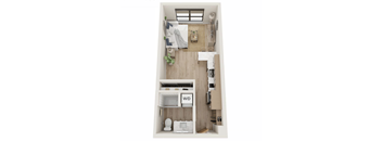 A small apartment layout with a kitchen, living room, and bathroom.