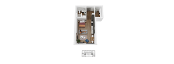 A top down view of a small apartment with a kitchen, living room and bedroom.