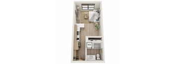 A small apartment layout with a kitchen, living room, and bathroom.