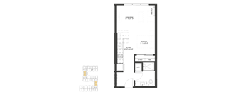 A floor plan of a small apartment with a living room, bedroom, and kitchen.
