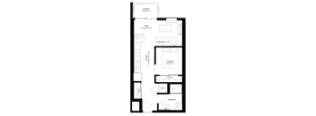 A black and white image of a floor plan for a small apartment.