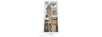 A floor plan of a small apartment with a living room, kitchen, and bedroom.