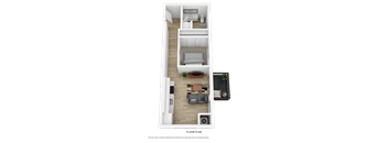 A floor plan of a house with a living room, kitchen, and bathroom.
