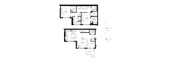 A black and white floor plan of a two-level residential building.
