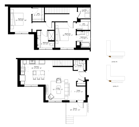 A floor plan of a building with multiple rooms and labeled areas.