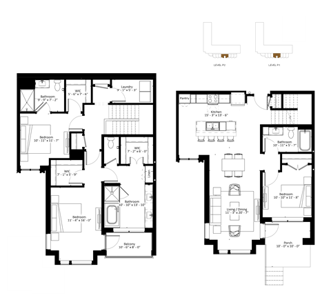 A floor plan of a building with multiple rooms and labeled areas.