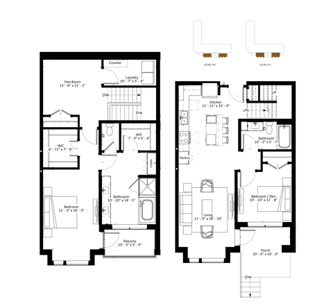 A floor plan of a two-story building with labeled rooms and dimensions.