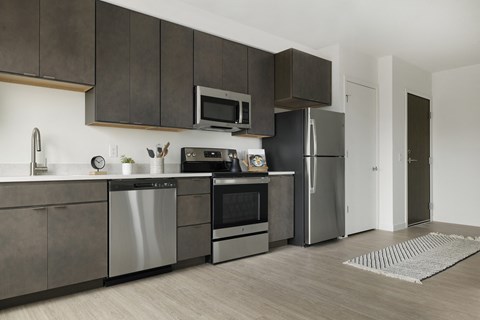 a kitchen with dark cabinets and stainless steel appliances