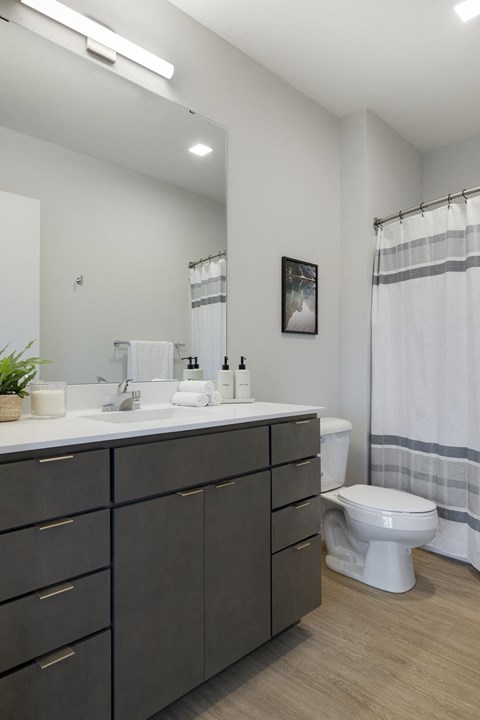 a bathroom with a toilet sink and shower in a 555 waverly unit